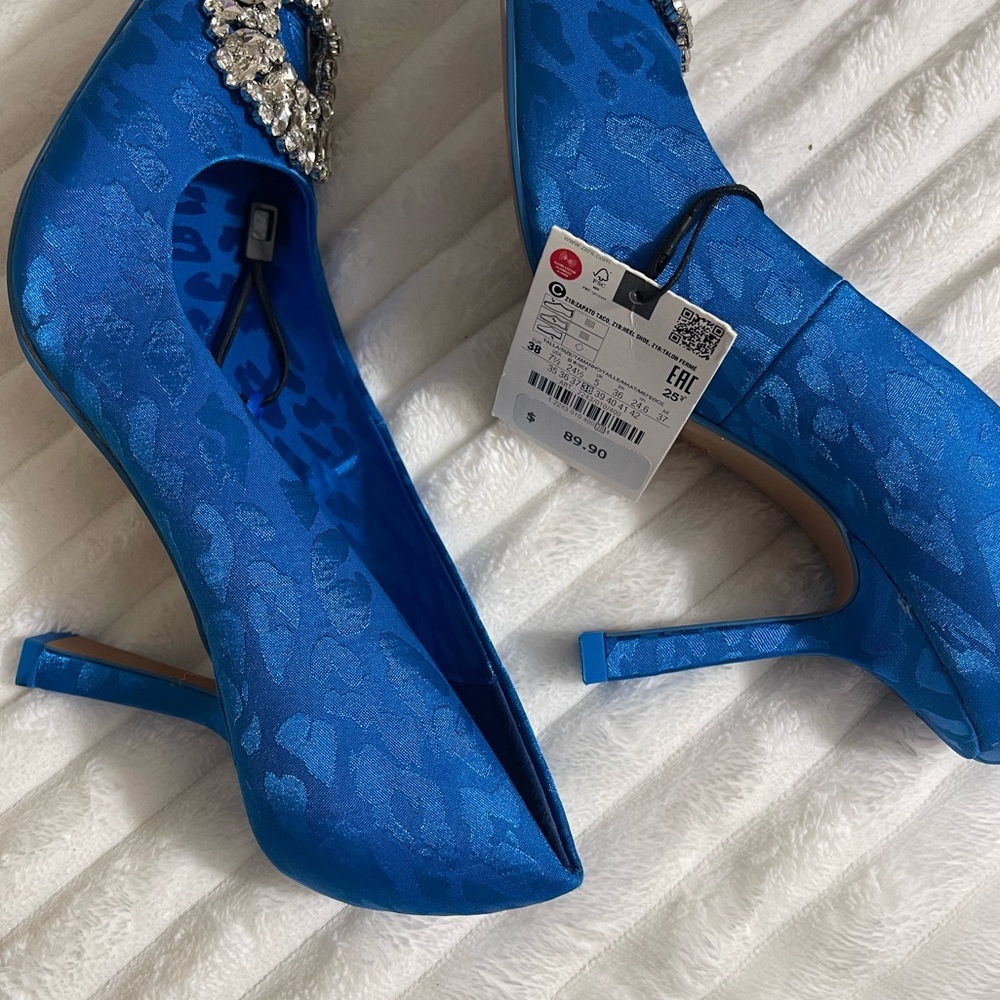 Zara Blue Animal Print Heels with Rhinestone Embellishment - Picture 5 of 14
